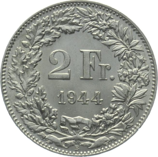 2 Franken 1944 B - Prachtstück, fast stempelglanz